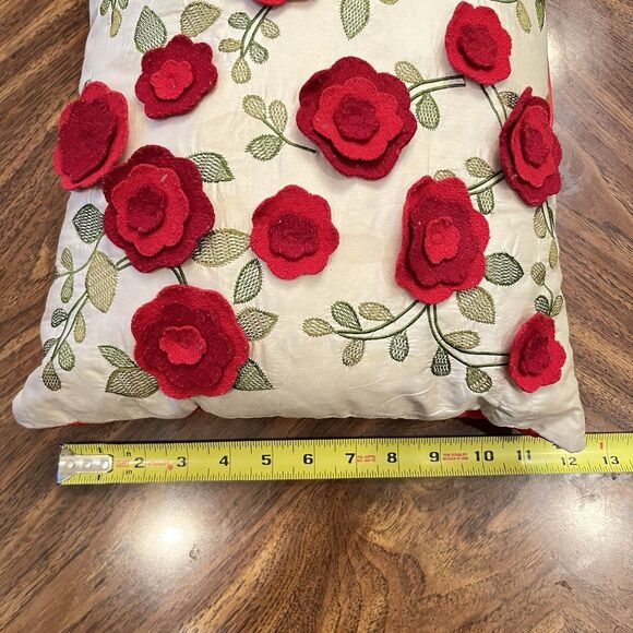 Pier 1 One Imports Throw Pillow Down Red Rose Felt Decor 3D Floral Cherry Red - Picture 7 of 11